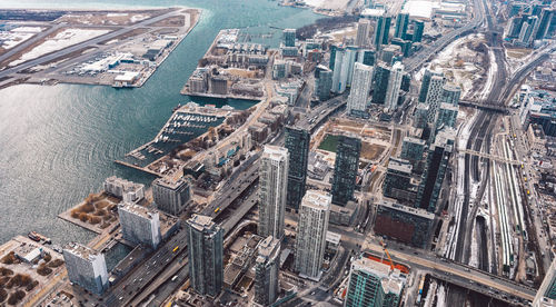 High angle view of buildings in city