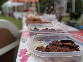 Close-up of chocolate cake served on table