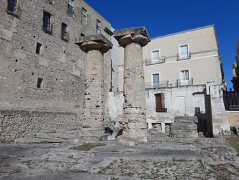 Low angle view of old building against clear blue sky