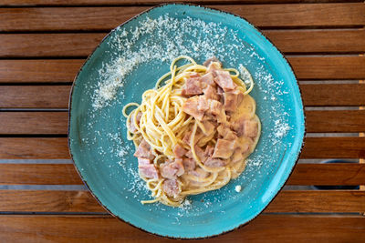 High angle view of food in plate on table