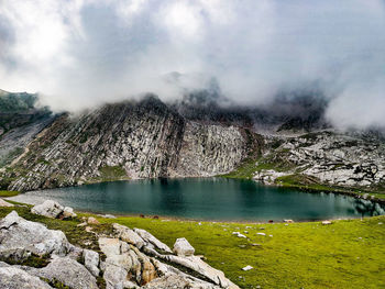 Dramatic view of a lake against sky at warwan valley .