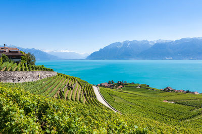 Scenic view of sea and mountains against blue sky