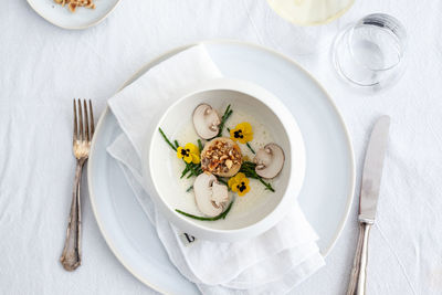 High angle view of food in plate on table