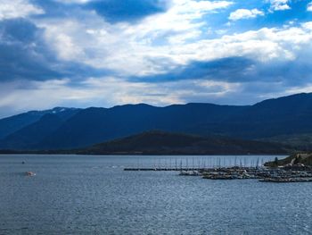 Scenic view of sea and mountains against sky