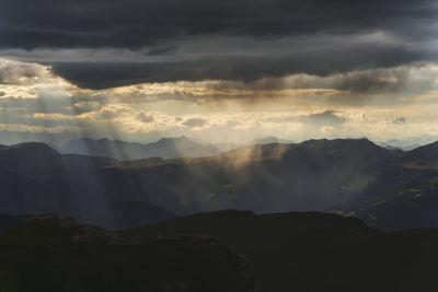 Scenic view of mountains against sky during sunset