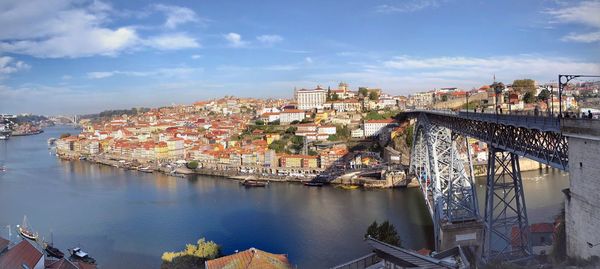 Bridge over river by buildings in city against sky