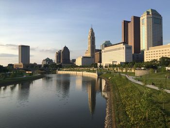 River in city against sky