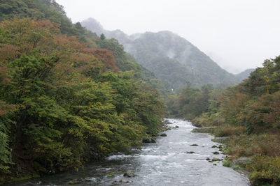 Scenic view of river amidst mountains against sky