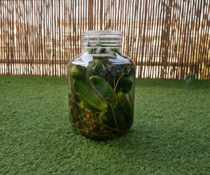 Pickled cucumbers in a closed jar standing on the green grass, blurred background