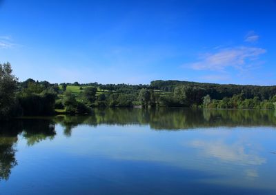 Scenic view of lake against blue sky