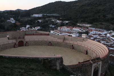 High angle view of buildings against sky