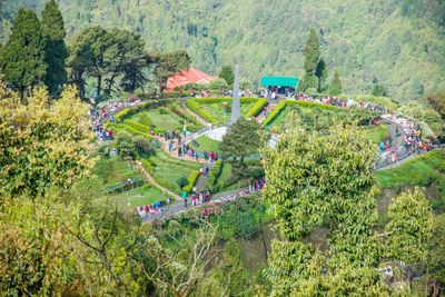 High angle view of people on mountain road