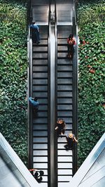 High angle view of people on escalator in building