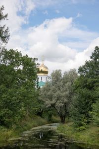 Trees and buildings against cloudy sky