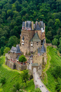 High angle view of tourists in eltz castle
