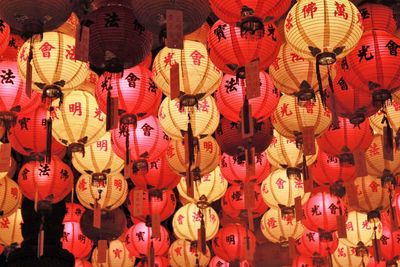 Full frame shot of illuminated lanterns hanging at night