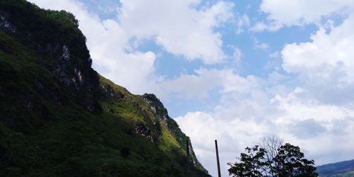 Low angle view of trees and mountains against sky