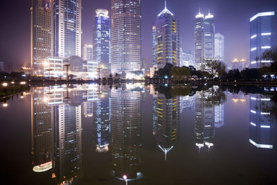 Reflection of illuminated buildings in river at night