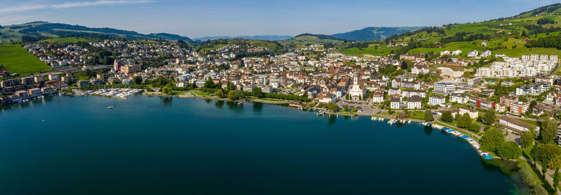 High angle view of buildings in town