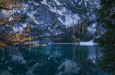 Lake against rock formation