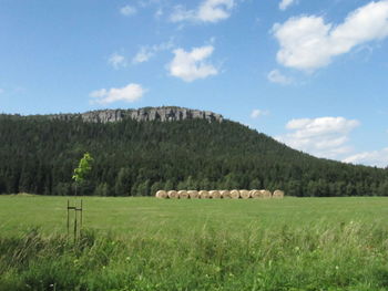 Hay bales on field against sky