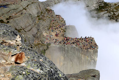 Hoards of tourists from all nations crowd preikestolen rock at midday on a foggy day, l