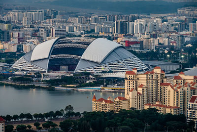 High angle view of buildings in city