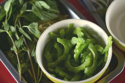 High angle view of vegetables in bowl on table