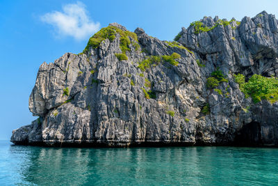 Panoramic view of rock formation in sea against sky