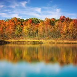 Scenic view of lake in autumn trees against sky