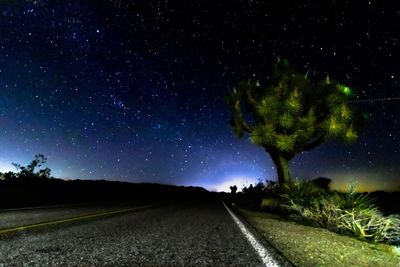 Road amidst trees against sky at night