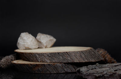 Two wood logs or stumps on the dark background with empty space for text.