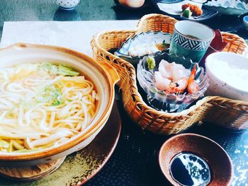 High angle view of noodles in bowl on table