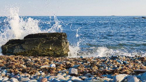 Scenic view of rocks on beach against sky