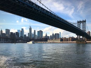 View of suspension bridge with city in background