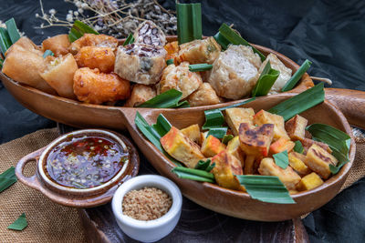 High angle view of food served on table