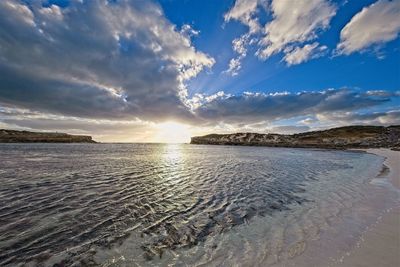 Scenic view of beach against sky during sunset