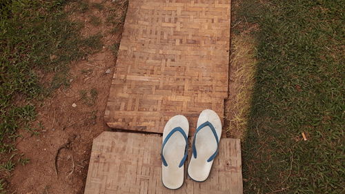 High angle view of shoes on wood