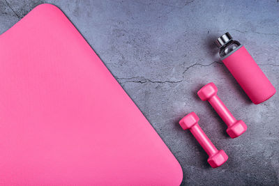 High angle view of pink objects on table