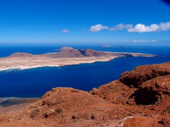 Scenic view of sea and mountains against blue sky