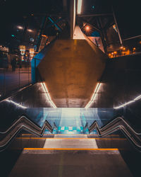 High angle view of illuminated staircase at night