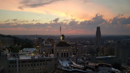 Aerial view of city at sunset