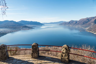 Wide angle aerial view of the lake maggiore from a belvedere in agra