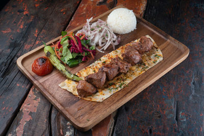 High angle view of meal served on table