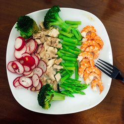 High angle view of food in plate on table