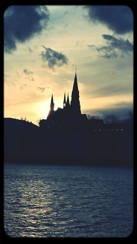 architecture, building exterior, built structure, sunset, sky, place of worship, religion, spirituality, church, waterfront, silhouette, cloud - sky, famous place, water, travel destinations, transfer print, auto post production filter, cathedral