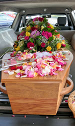 High angle view of rose bouquet in container