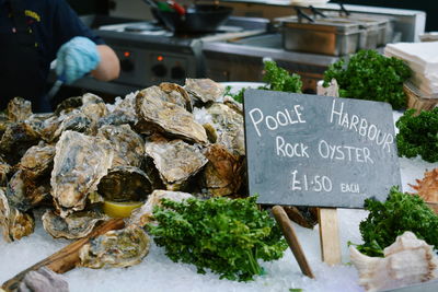 Close-up of oysters for sale at food store