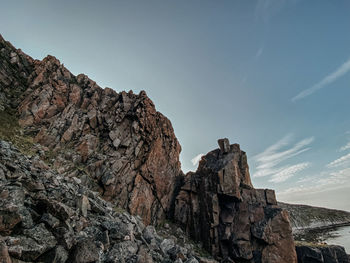 Low angle view of rocky mountains against sky