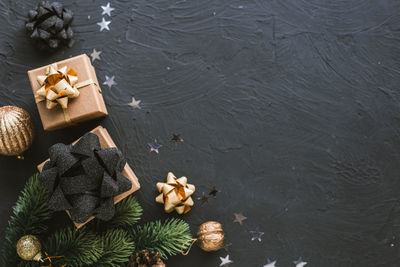 High angle view of christmas decorations on table